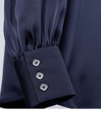 Navy Blue Draped Blouse with Self-Tie Bow Suitpure