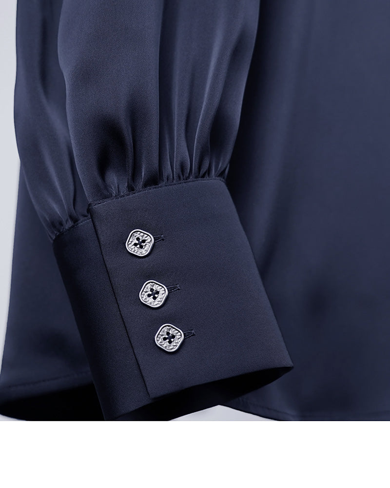 Navy Blue Draped Blouse with Self-Tie Bow Suitpure