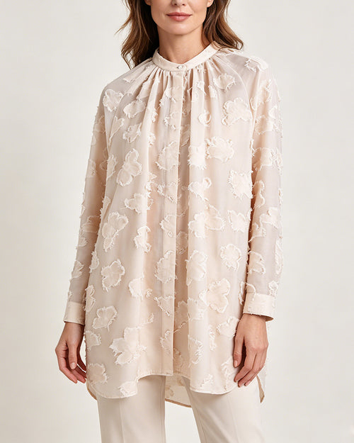 Champagne Butterfly Cutwork Pleated Mandarin Oversized Blouse Suitpure