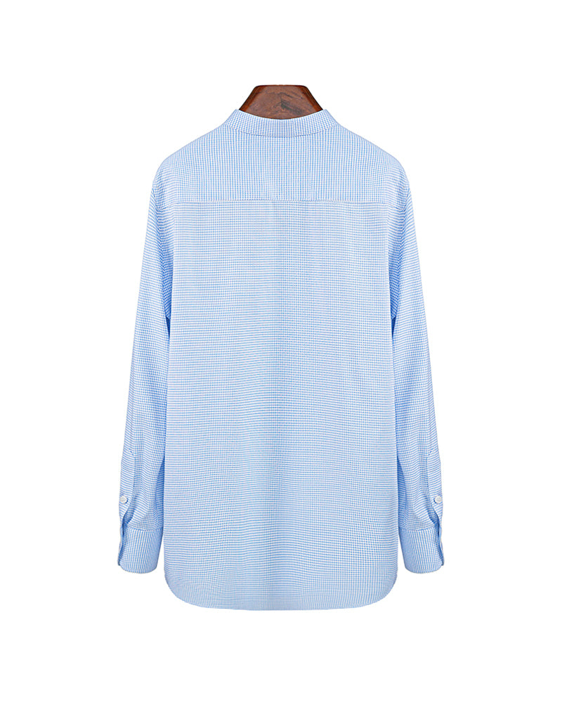 Women's Mandarin Collar Popover Shirt | 60% Cotton 20% Tencel 20% Bamboo Fiber Light Blue Micro Check Blouse