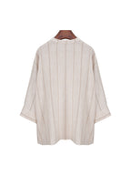Dew-Retted Linen Striped 3/4 Sleeve Relaxed Blouse Suitpure