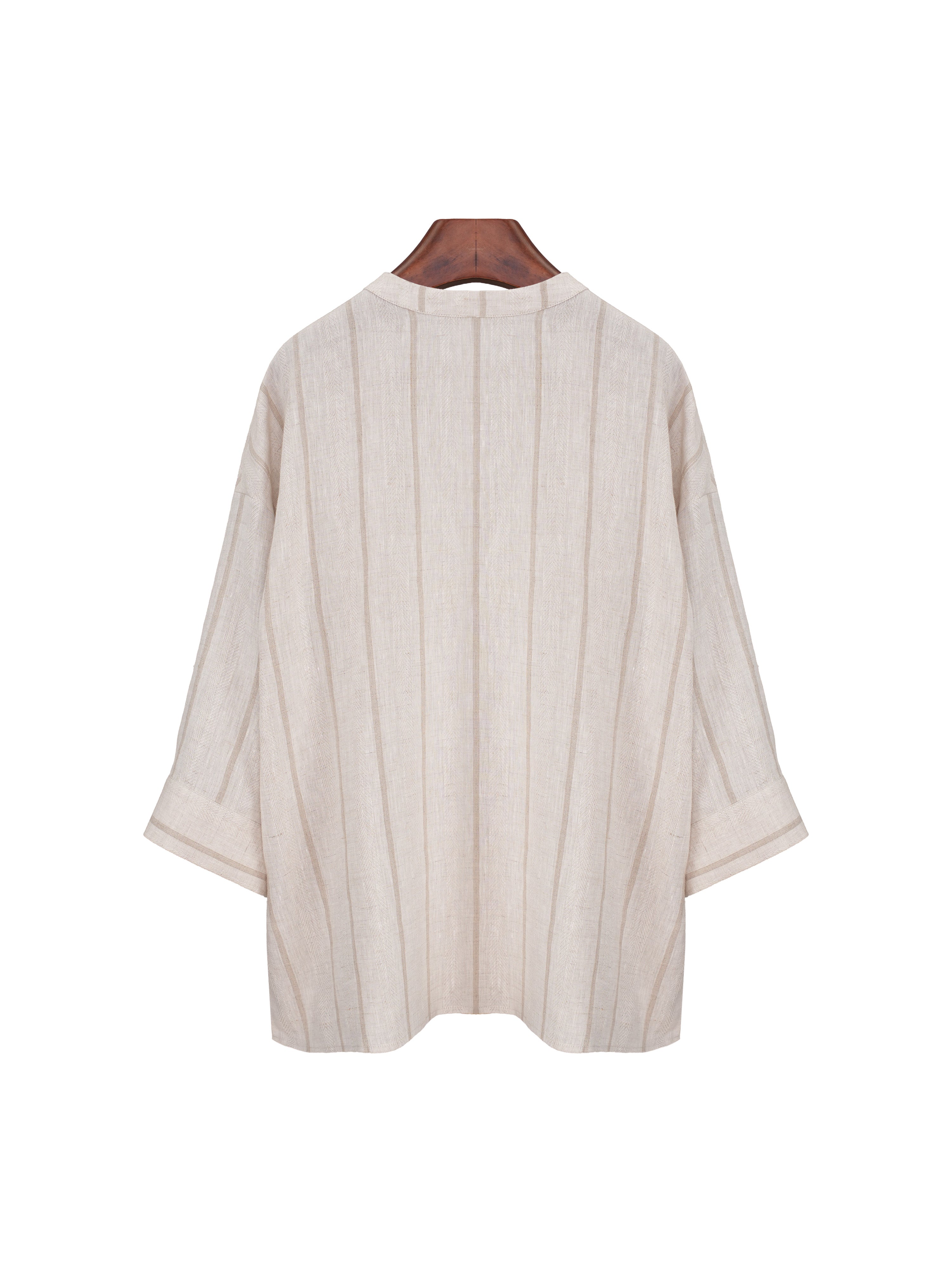 Dew-Retted Linen Striped 3/4 Sleeve Relaxed Blouse Suitpure