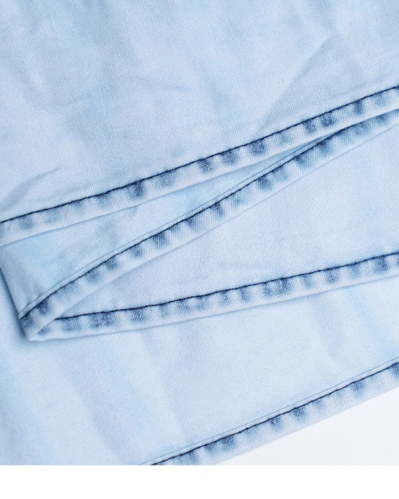 Mist Blue Ruched Denim A-Line Maxi Skirt with Elastic Waist Suitpure