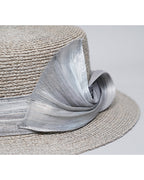 Women Chiffon Big Bow Wide Brim Light Grey Flat Top Straw Sun Hat Suitpure