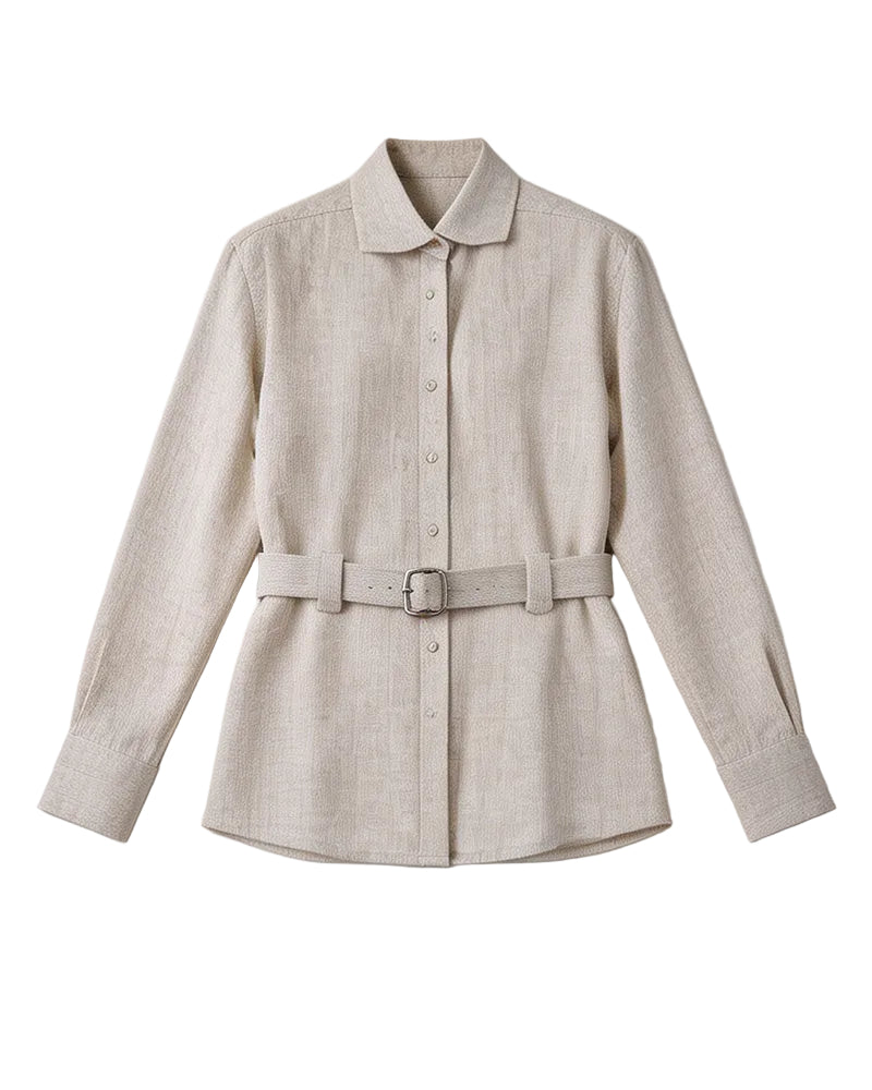 Hippie Textured Linen Blouse with Self-Tie Belt Suitpure