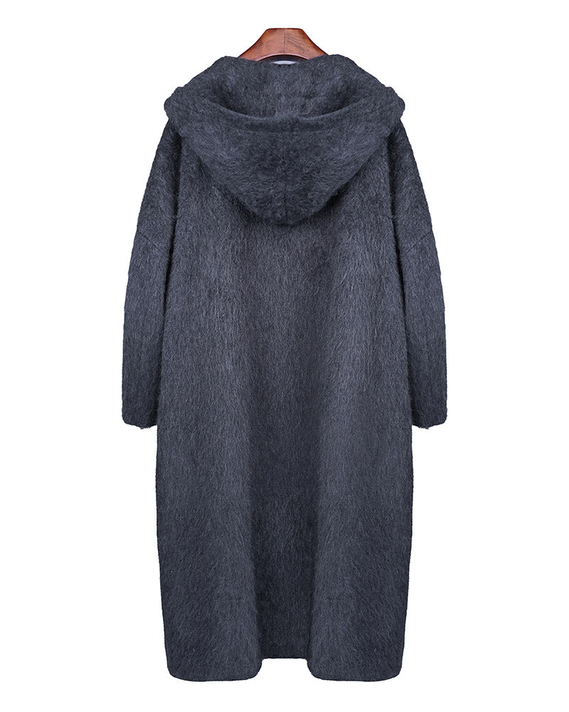 Hooded Yak Wool Coat in Black-Grey