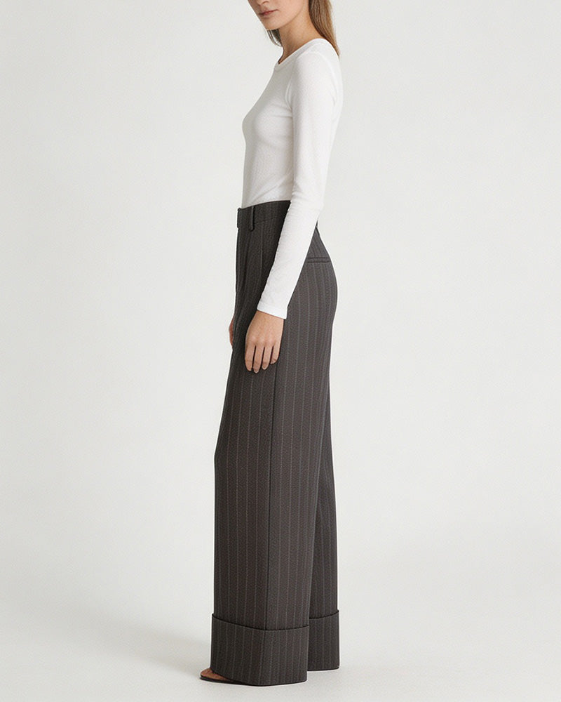 Dark Brown Wide Stripe Wool High-Rise Easy Wide-Leg Pants Suitpure