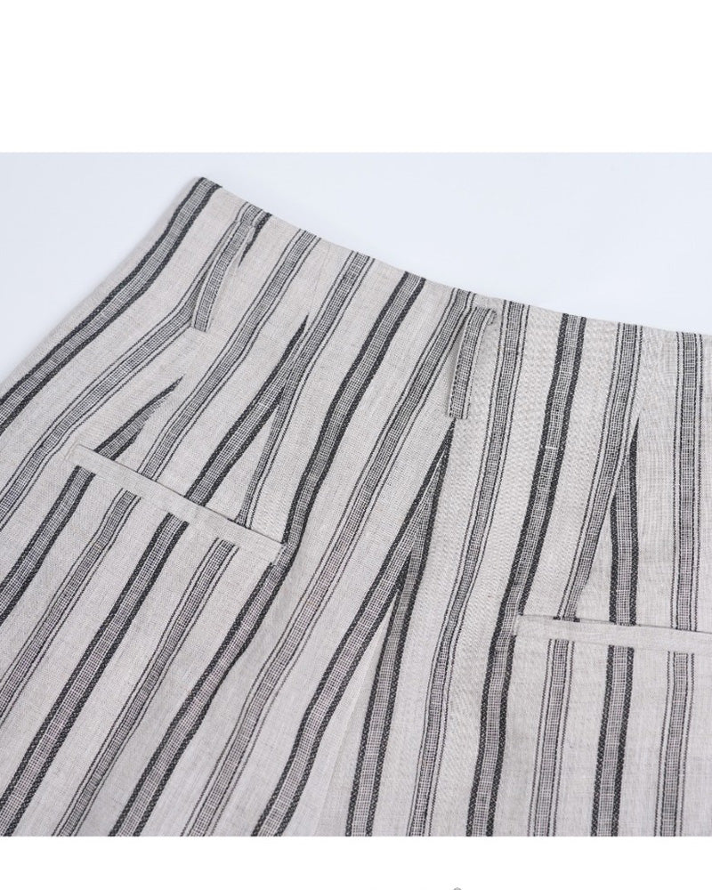 High-Waist Linen Stripe Wide Trousers | Concealed Pleats Suitpure