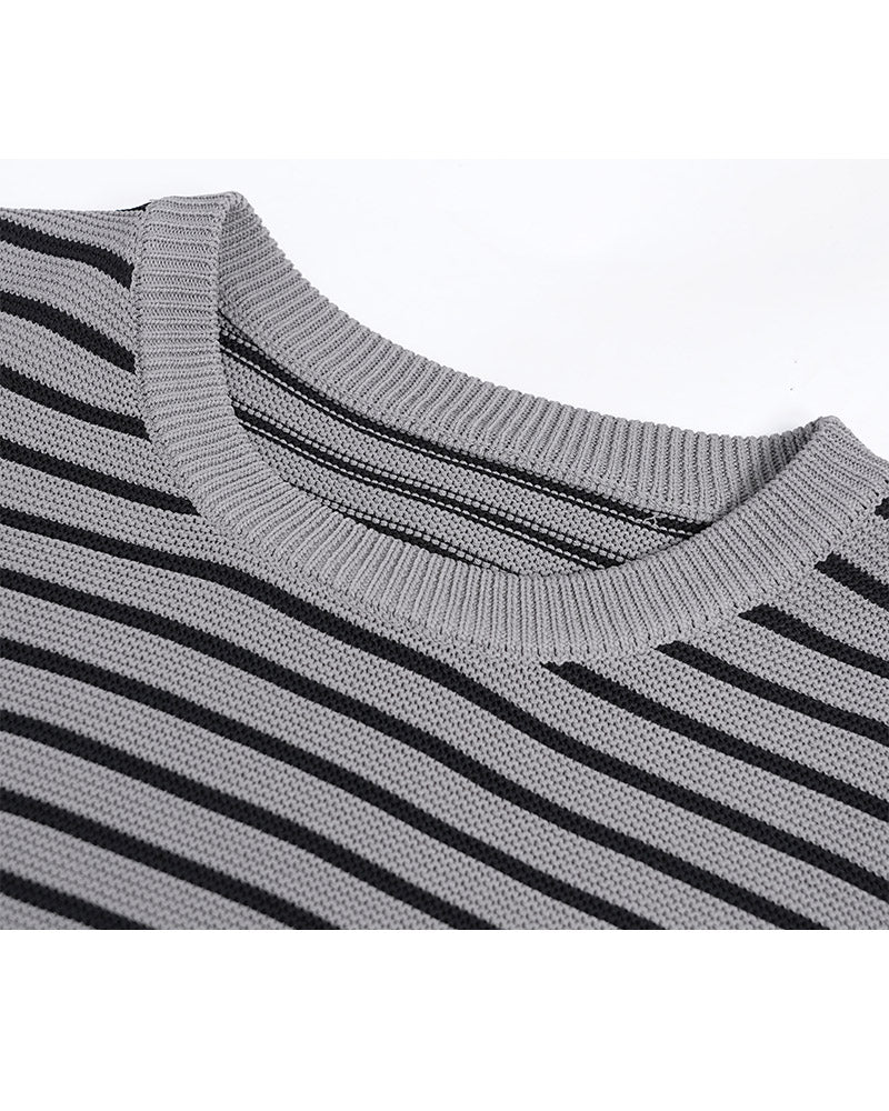 Grey-Black Stripe Knit Short Sleeve Top