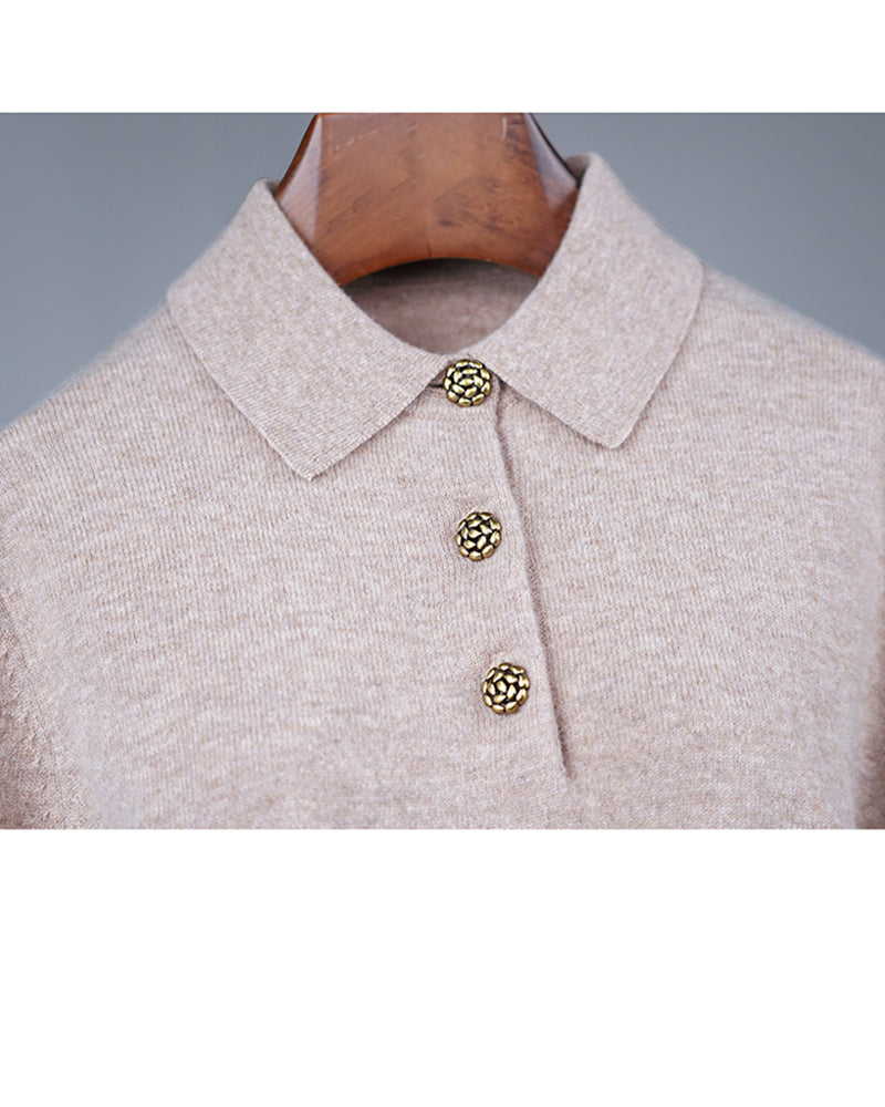 Praline Brown Knit Polo | Antique Gold Floral Buttons
