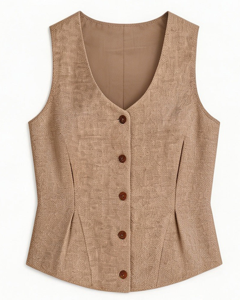 Vintage Linen U-Neck Waist-Cinching Vest Suitpure
