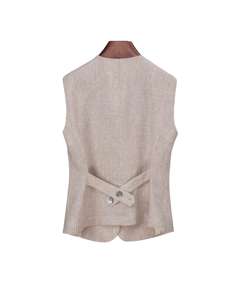 Relaxed Fit Linen Stripe Vest & Wide-Leg Pants Set Suitpure