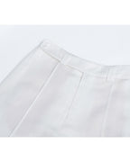 Tencel Linen Women White High Waist Pleated Wide Leg Trousers