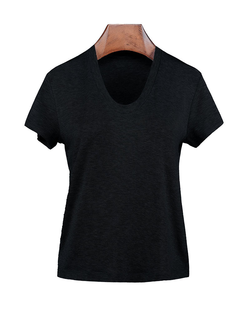 Wool Acetate Tencel U-Neck Short Sleeve Top Suitpure
