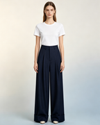 Women Wool Tailored Pleated Palazzo Pants Navy Rolled Cuff Work Trousers