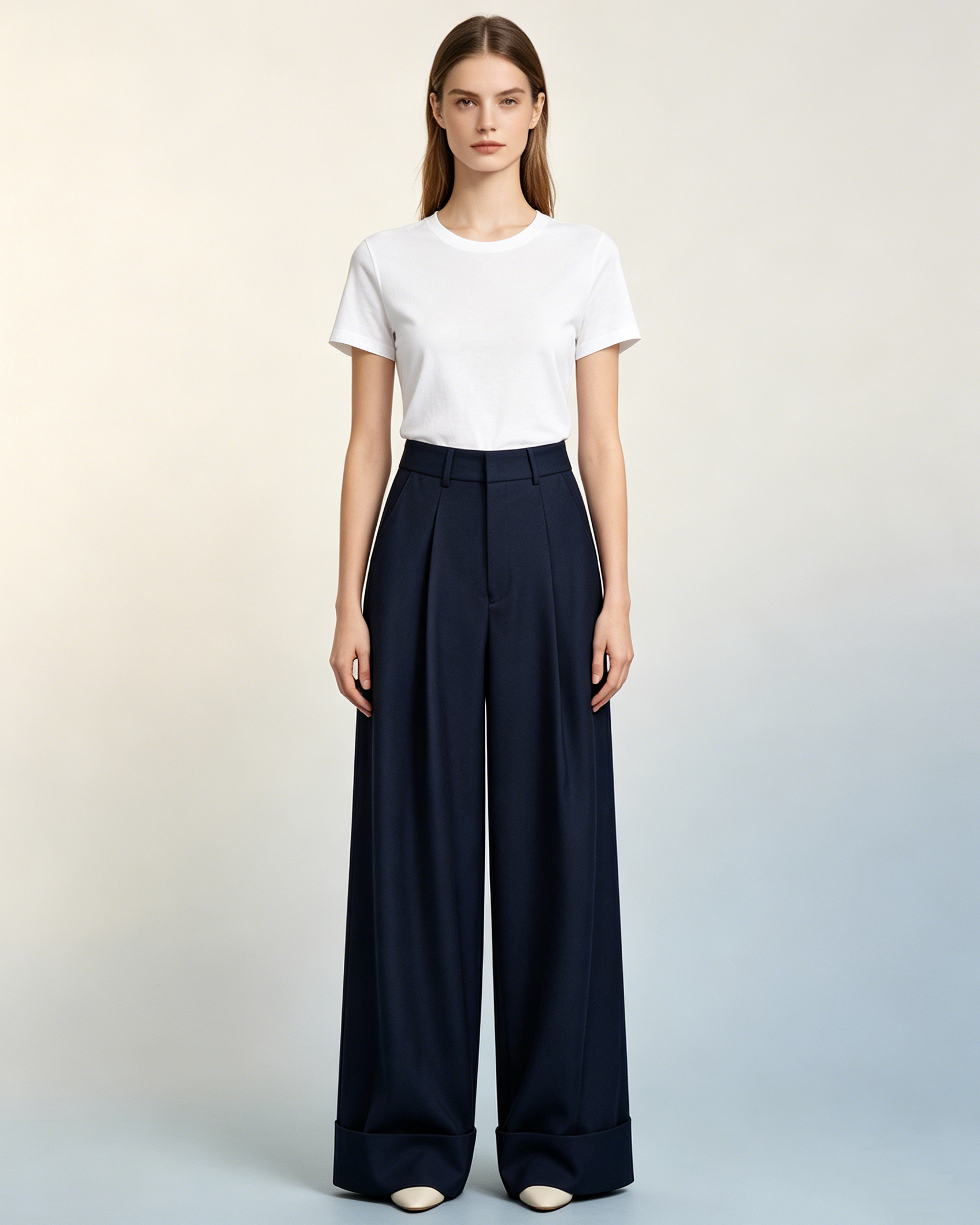 Women Wool Tailored Pleated Palazzo Pants Navy Rolled Cuff Work Trousers