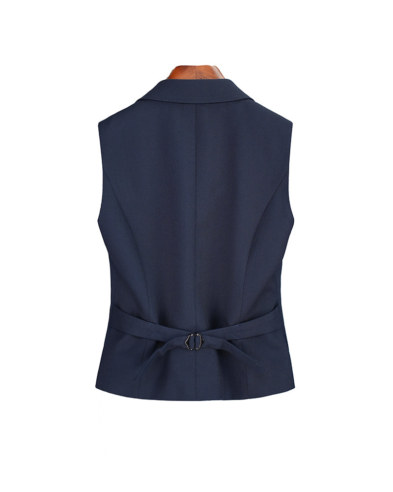 Navy 100% Wool Cavalry Twill Double Breasted Vest with Asymmetric Placket | 100% Wool