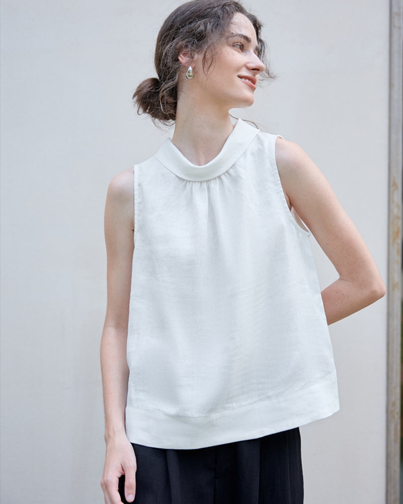 Sleeveless Linen Top with Ruffled Neckline Suitpure