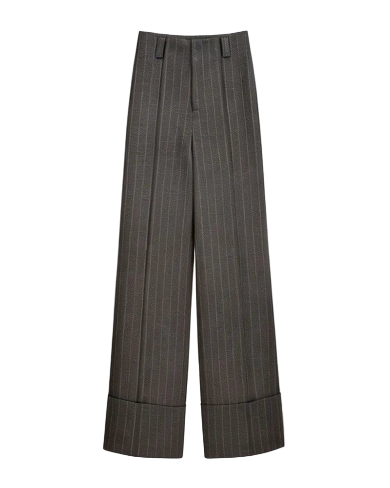 Dark Brown Wide Stripe Wool High-Rise Easy Wide-Leg Pants Suitpure