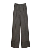 Dark Brown Wide Stripe Wool High-Rise Easy Wide-Leg Pants Suitpure