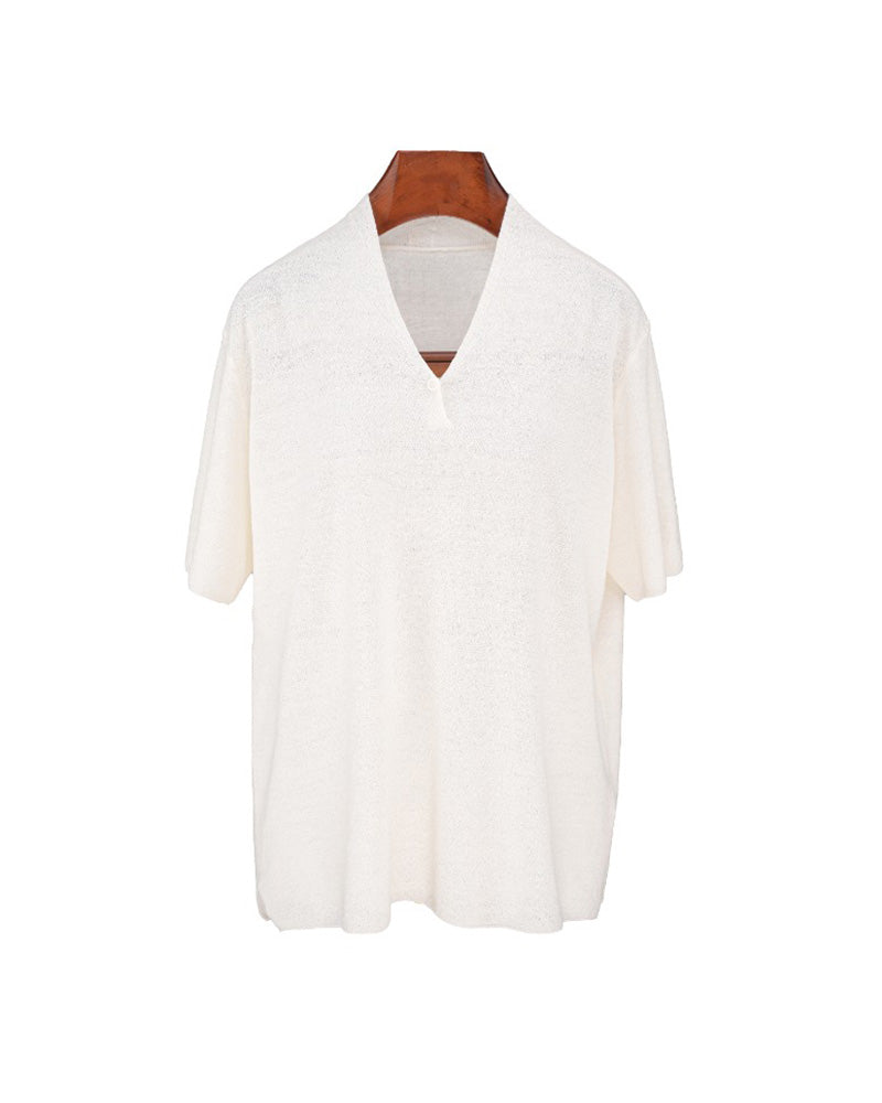 V-Neck Wool Linen Relaxed Knit Short Sleeve Top Suitpure
