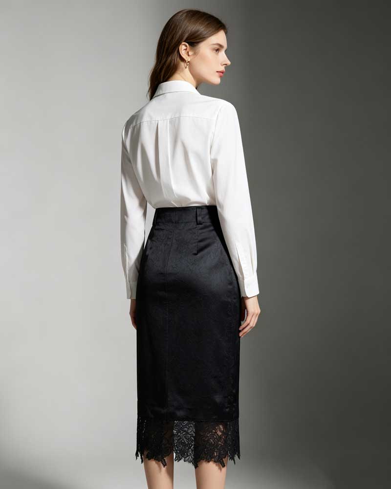 Women Black AcetateHigh Waist Jacquard Midi Pencil Skirt