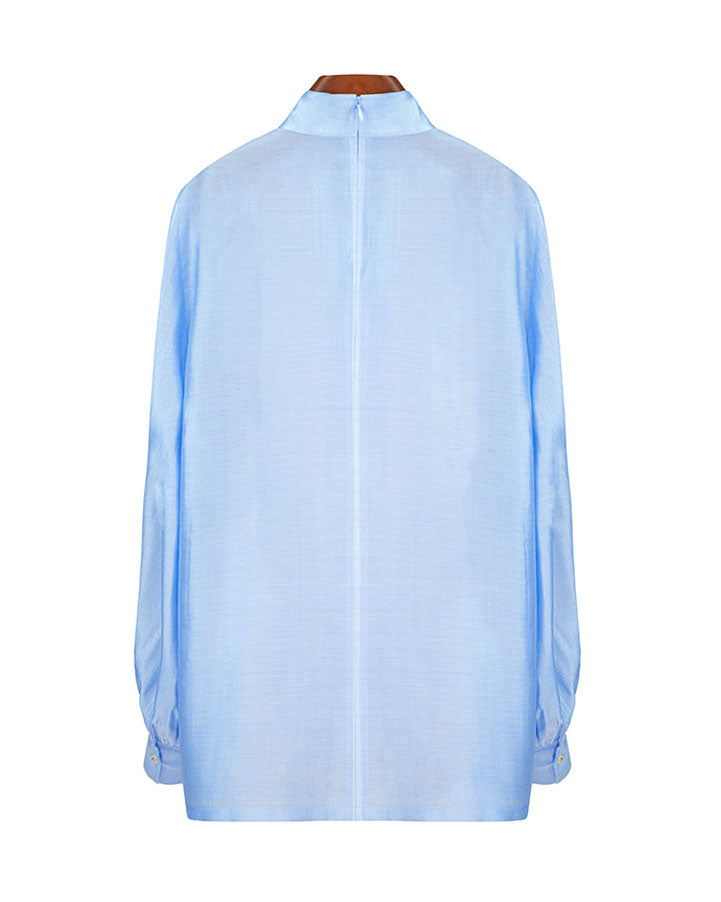 Mandarin Tencel Acetate Pullover Blouse with Lantern Puff Sleeves Suitpure