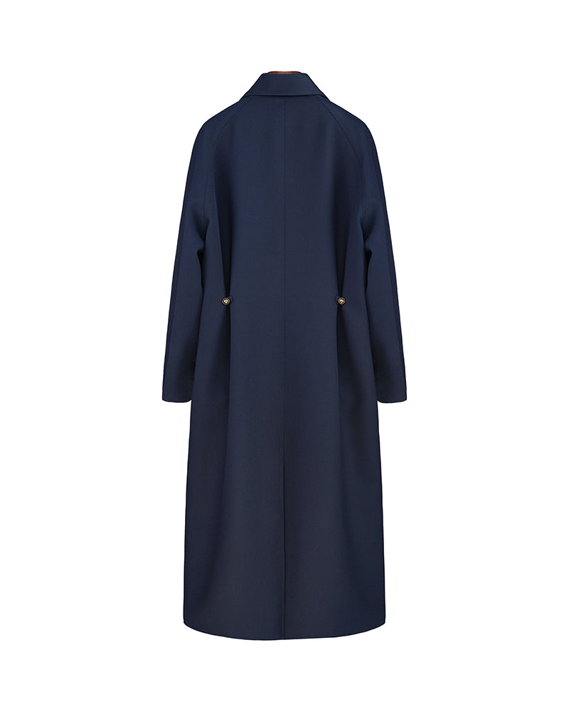 Navy 100% Wool Cavalry Twill Adjustable Waist Trench Coat| 100% Wool