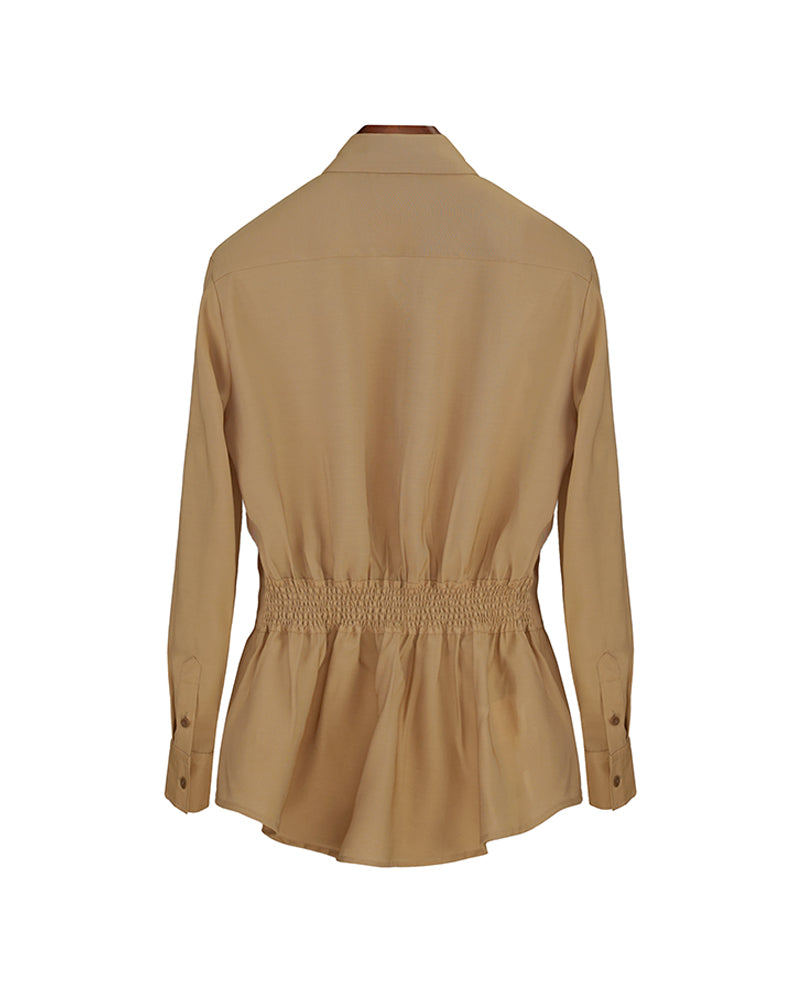 Women's Khaki Bow Tie Neck Silk Tencel & Polyamide Blouse