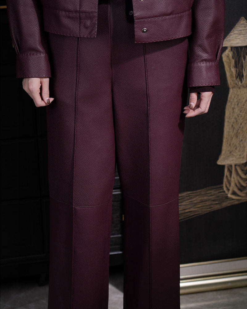 Mandarin Collar Crop Leather Jacket & Pants Set