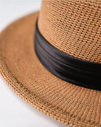 UPF 50+ Flat Brim Sun Camel Straw Boater Hat with Black Ribbon Suitpure