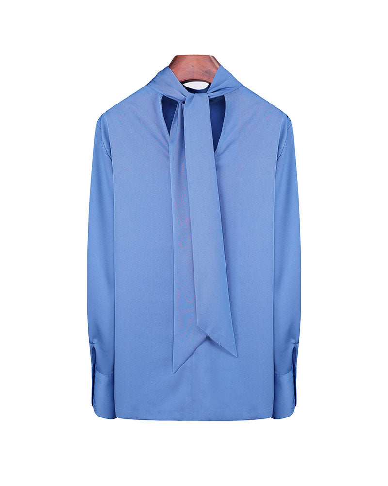 Blue Acetate Blend Tie Neck Satin Blouse