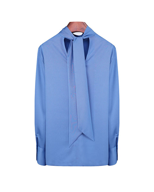 Blue Acetate Blend Tie Neck Satin Blouse