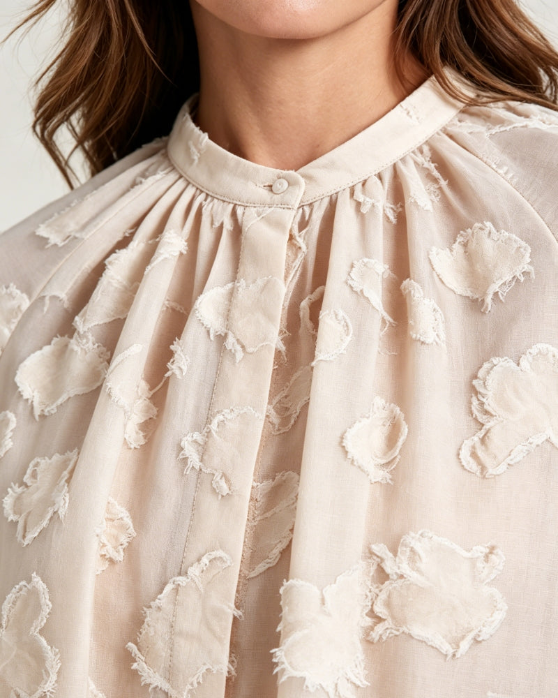 Champagne Butterfly Clipped Jacquard Pleated Mandarin Oversized Blouse Suitpure