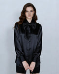 Deep Black Draped Blouse with Self-Tie Bow Detail Suitpure