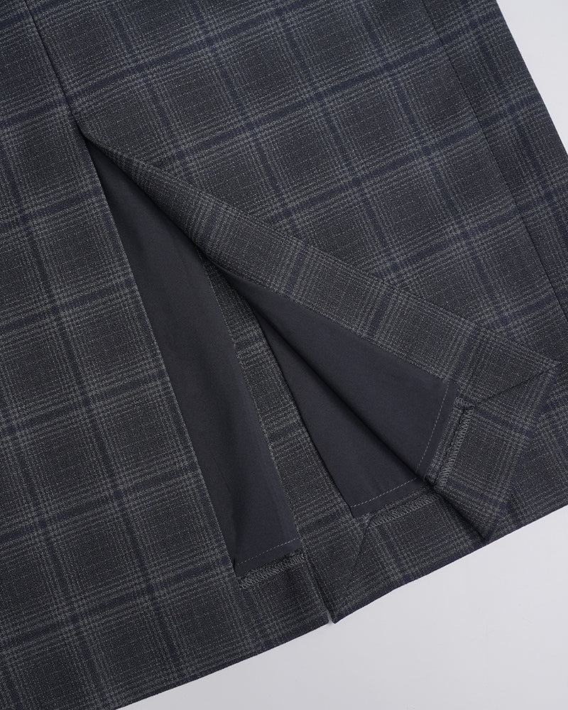 Grey Tone Welsh Plaid Straight Midi Skirt with Back & Front Slits