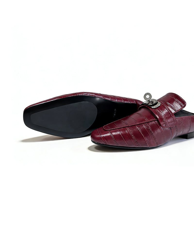 Burgundy Croc Embossed Leather Backless Mule Loafers for Women Commuter Shoes Suitpure