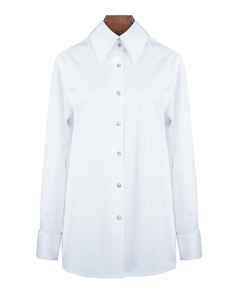 White Tencel Cotton Blouse | Wide Pointed Collar Suitpure