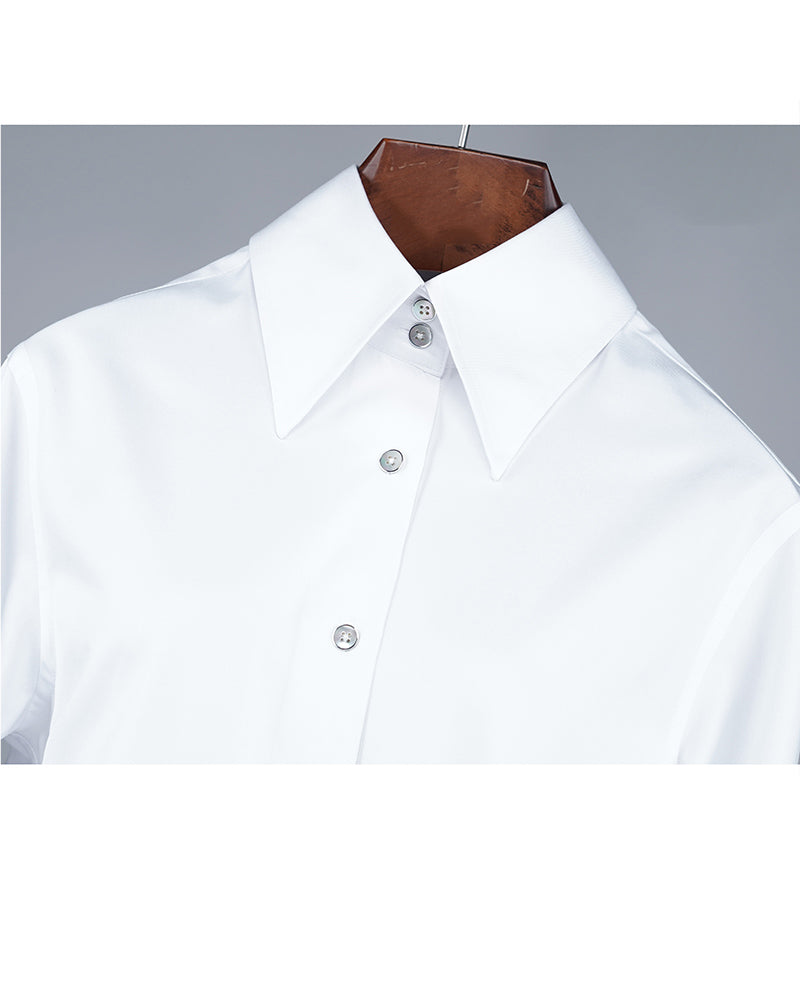 White Tencel Cotton Blouse | Wide Pointed Collar Suitpure