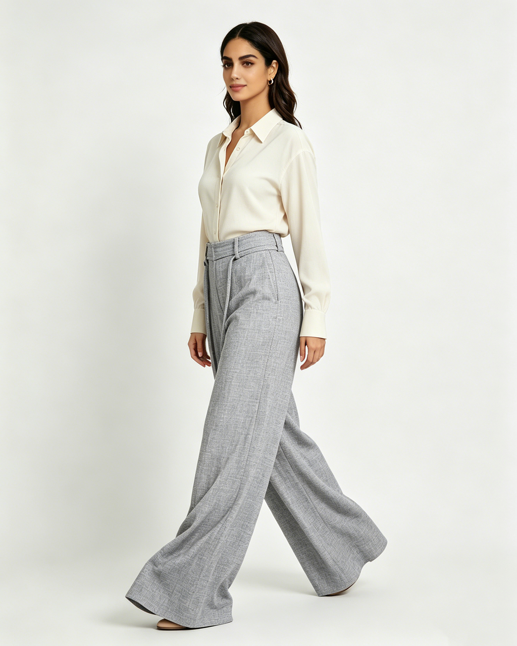 Women’s Belted Grey High Waist Belted Wide Leg Trousers Suitpure