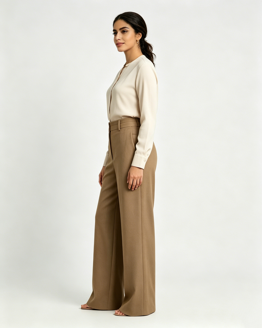 Women Modest Camel Wool Blend High Rise Wide Leg Trousers Suitpure