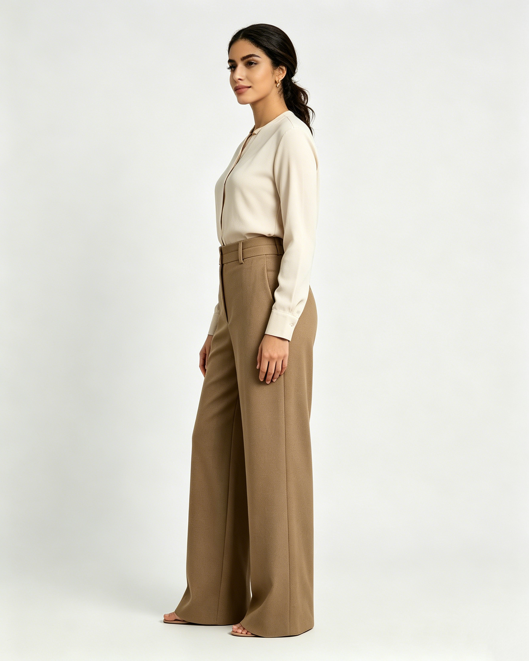 Women Modest Camel Wool Blend High Rise Wide Leg Trousers Suitpure