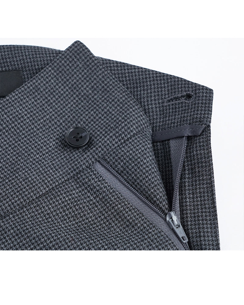 Black Grey Houndstooth Straight Trousers with Waist Detail