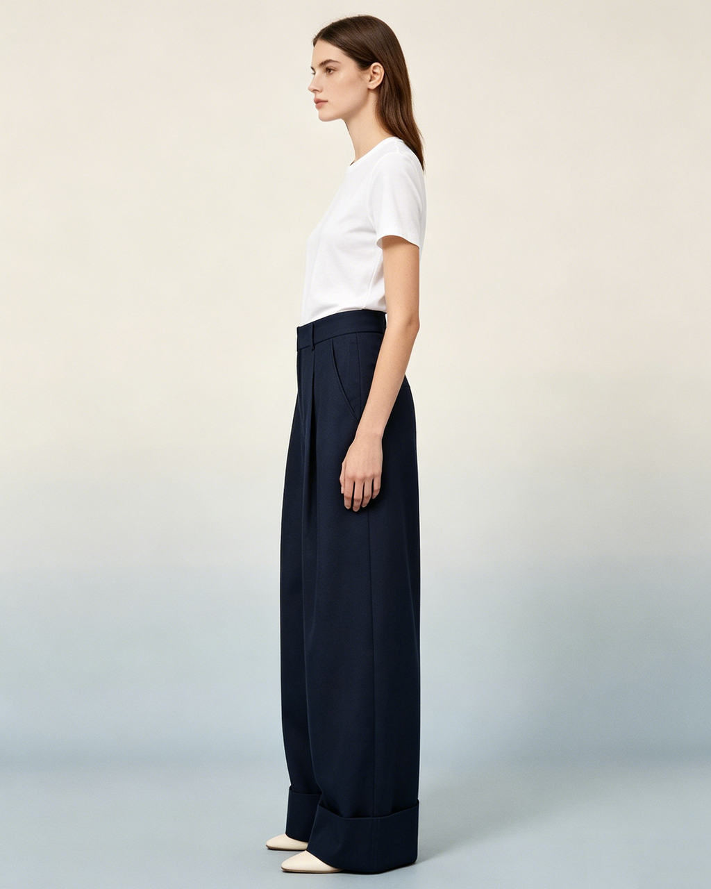 Women Wool Tailored Pleated Palazzo Pants Navy Rolled Cuff Work Trousers