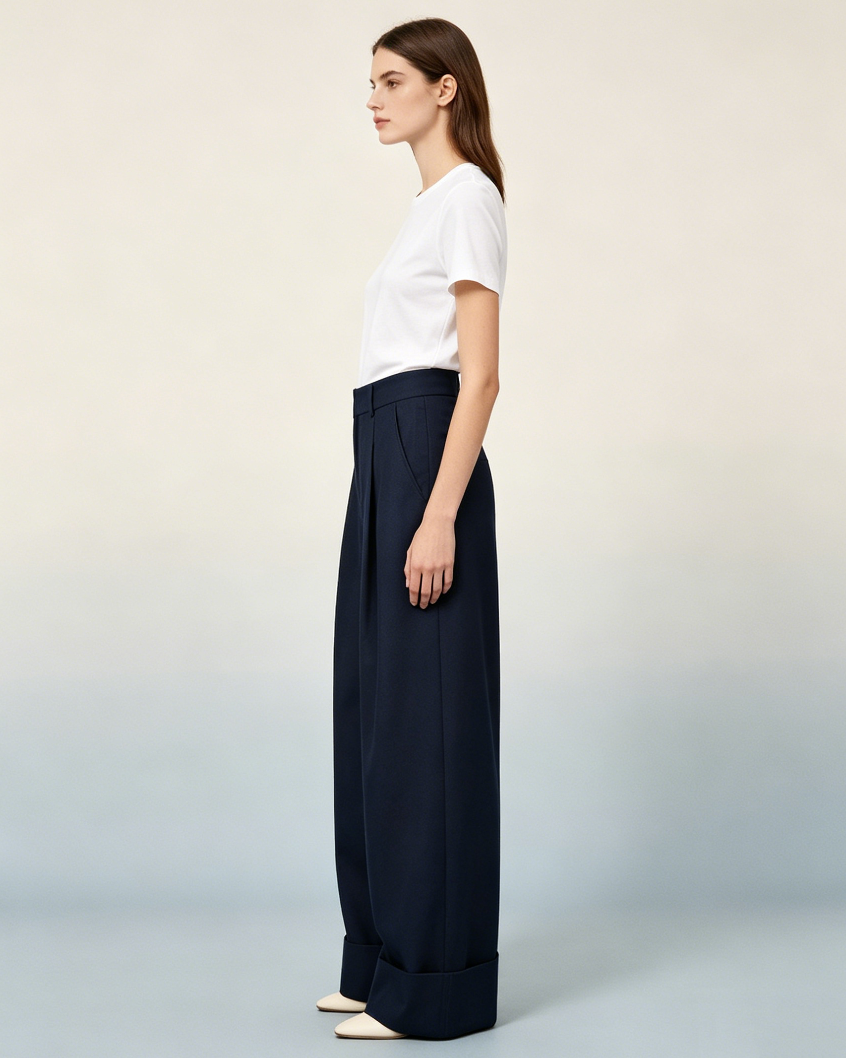 Women Wool Tailored Pleated Palazzo Pants Navy Rolled Cuff Work Trousers