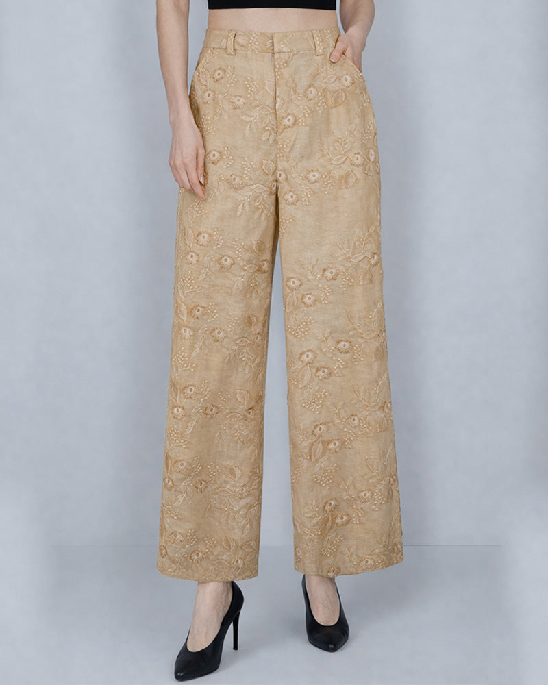 3D Embroidered Floral Wide-Leg Trousers