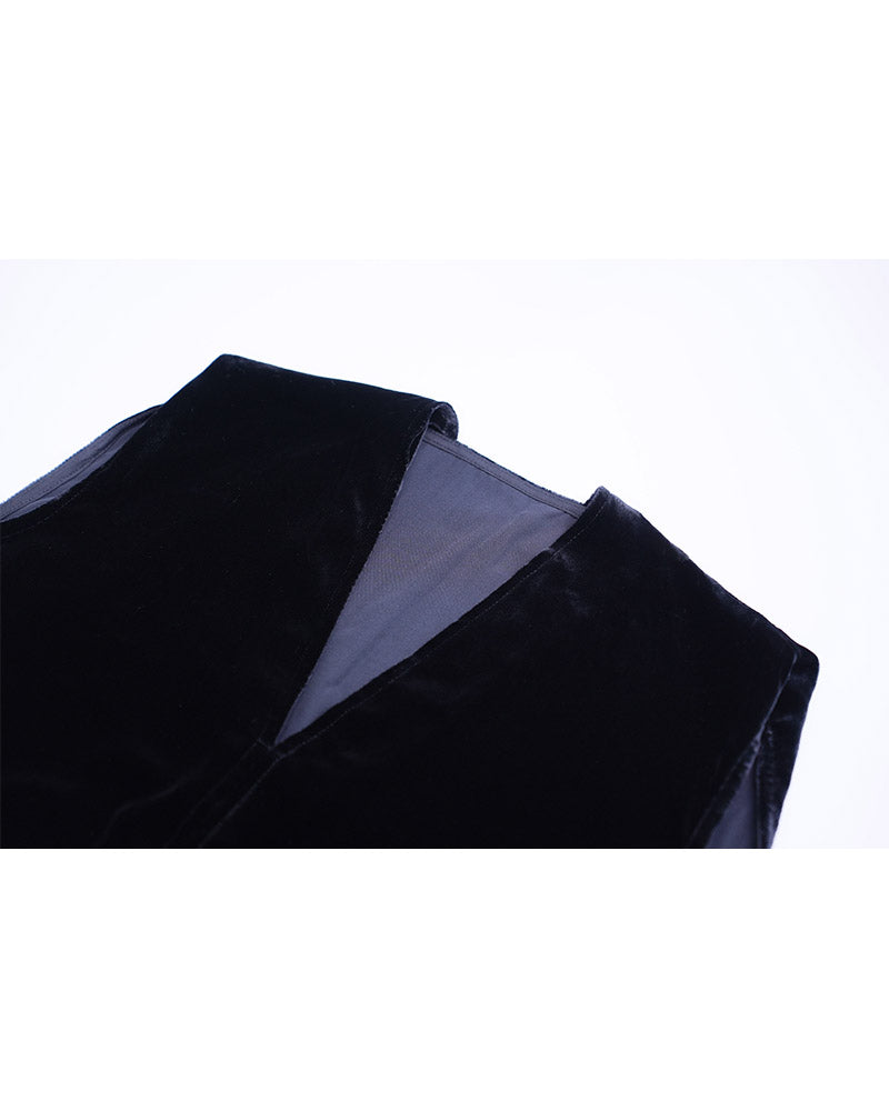 Deep Black Velvet V-Neck Sleeveless Maxi Dress Suitpure