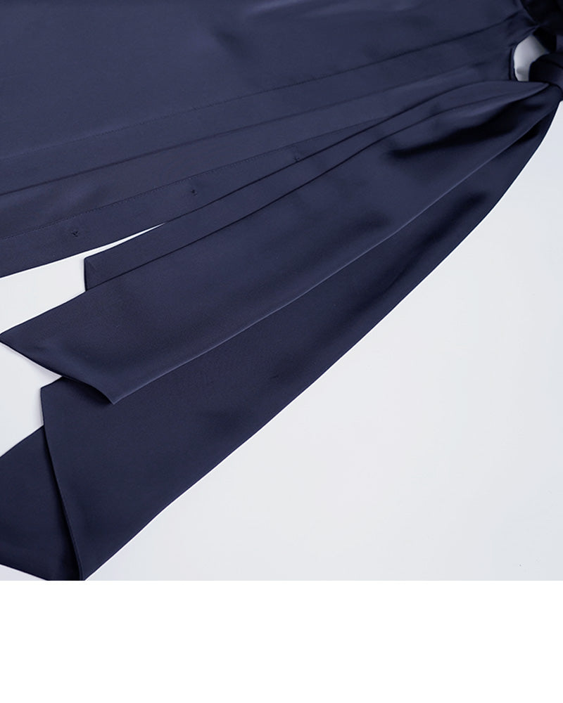 Navy Blue Draped Blouse with Self-Tie Bow Suitpure