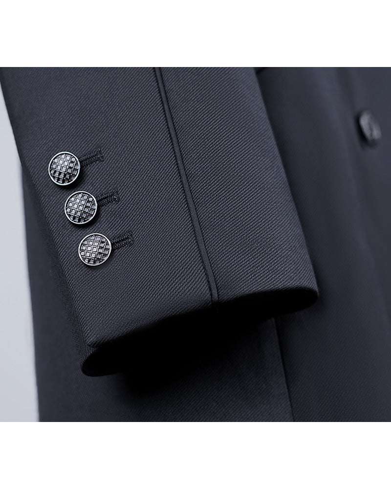 Deep Black Silk Wool Acetate Long Blazer Suitpure