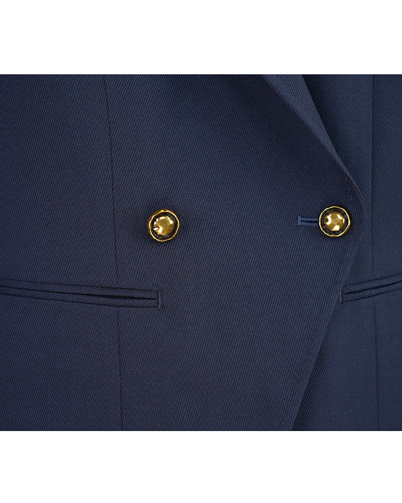 Navy 100% Wool Cavalry Twill Double Breasted Vest with Asymmetric Placket | 100% Wool
